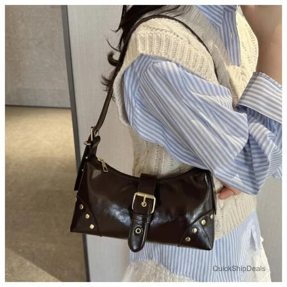 PU Leather Shoulder Bag with Adjustable Strap Studded Vintage Purse - Picture 5 of 6